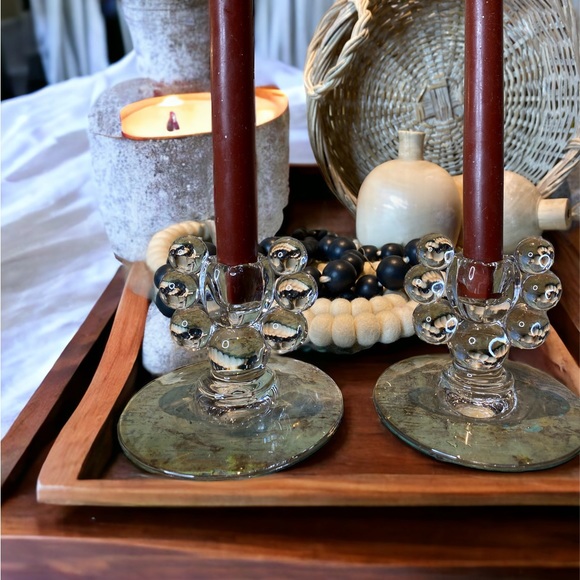 Antique Art Deco Bubble & Tulip Glass Candlestick set of 2 - Picture 8 of 8